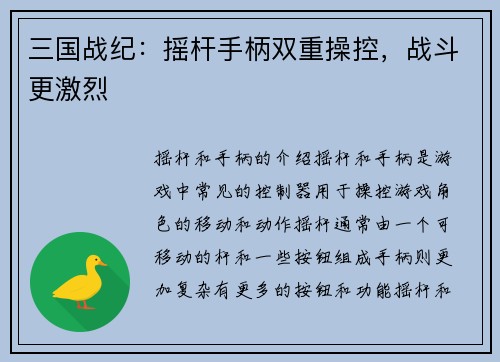 三国战纪：摇杆手柄双重操控，战斗更激烈